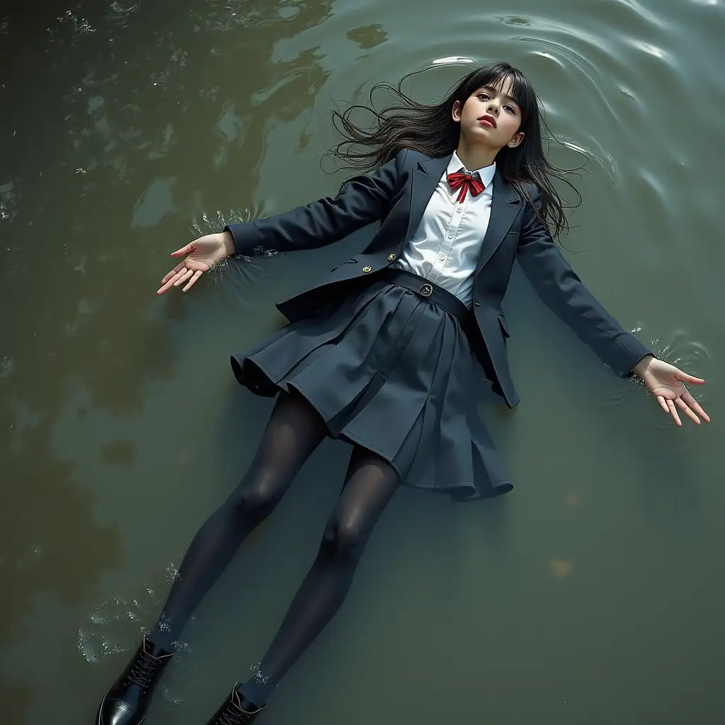 A schoolgirl in a school uniform suit with a jacket, skirt, blouse, dark tights, and high-heeled shoes. Swimming in a dirty pond. Lying in the water. Clothes are wet and stick to the body. Underwater body. Clothes are completely wet. Immersion in water.