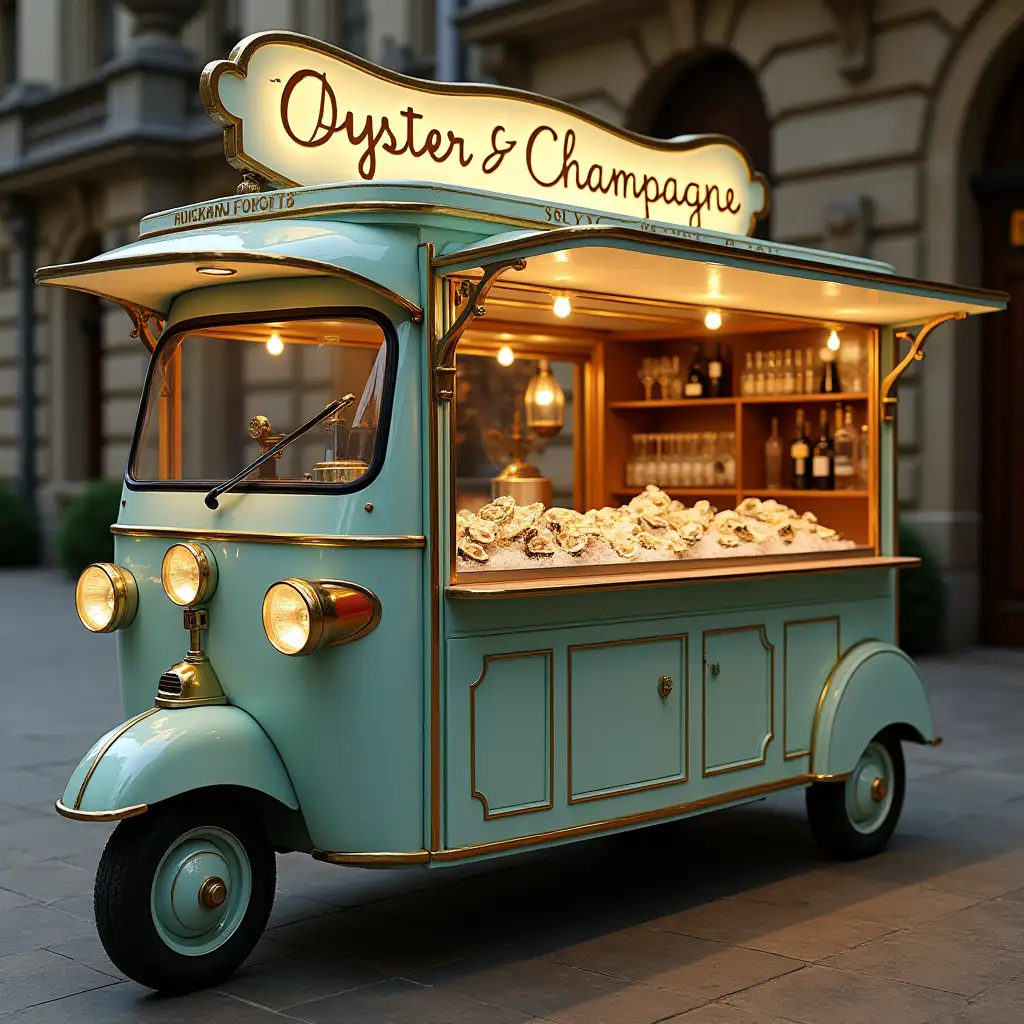 A vintage typical Italian piaggio Ape Car food truck in 1920s Art Nouveau style, serving oysters and champagne. It features a counter with crushed ice displaying fresh oysters, soft pastel colors, brass accents, intricate wood details, and warm vintage lighting for an elegant, inviting look.