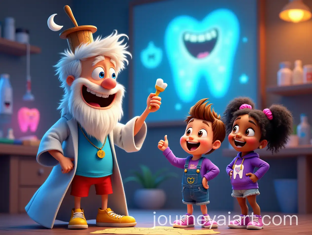 Whimsical-Tooth-Wizard-and-Kids-Exploring-Tooth-Town-Map