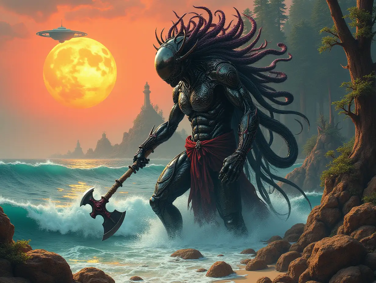 Hyperrealistic portrait of a 15 meter tall metal alien king with black and red metal hair, wielding an ax in the sea among waves on a rock with plants, on a elaborately detailed, colorful wooded planet with sun and UFO background