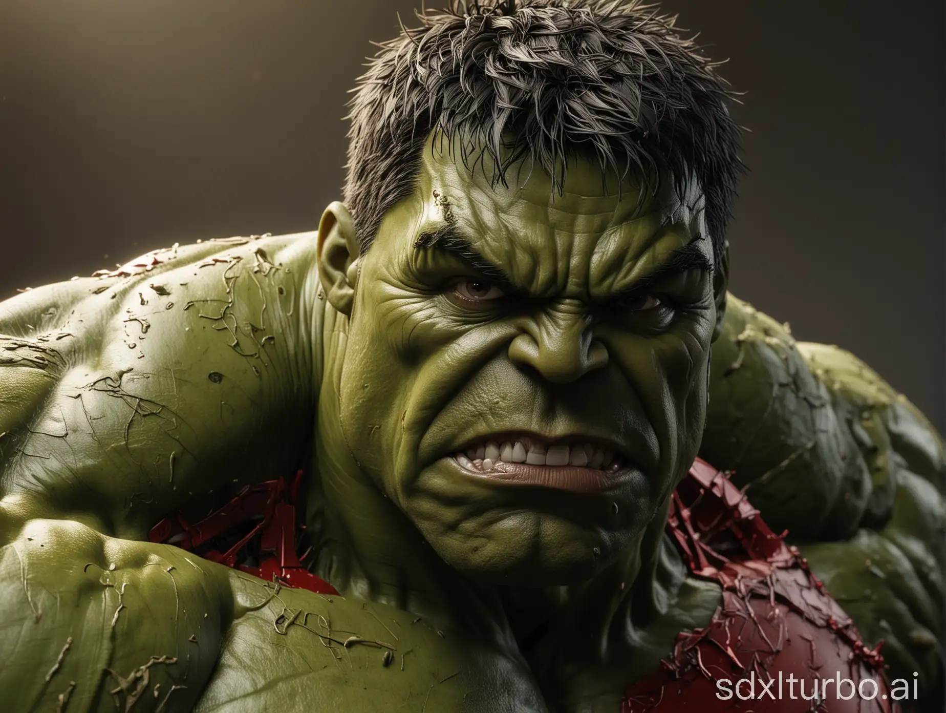 portrait of Hulk, in the style of todd mcfarlane, intensity, captivating gaze, marvel comics, dynamic graphic novel, photorealistic scenes, detailed comic book art, light gold and red, large-scale canvas impact, comiccore, flawless line work, heavy shading, epic, realistic depiction of light, 8k resolution, chiaroscuro mastery