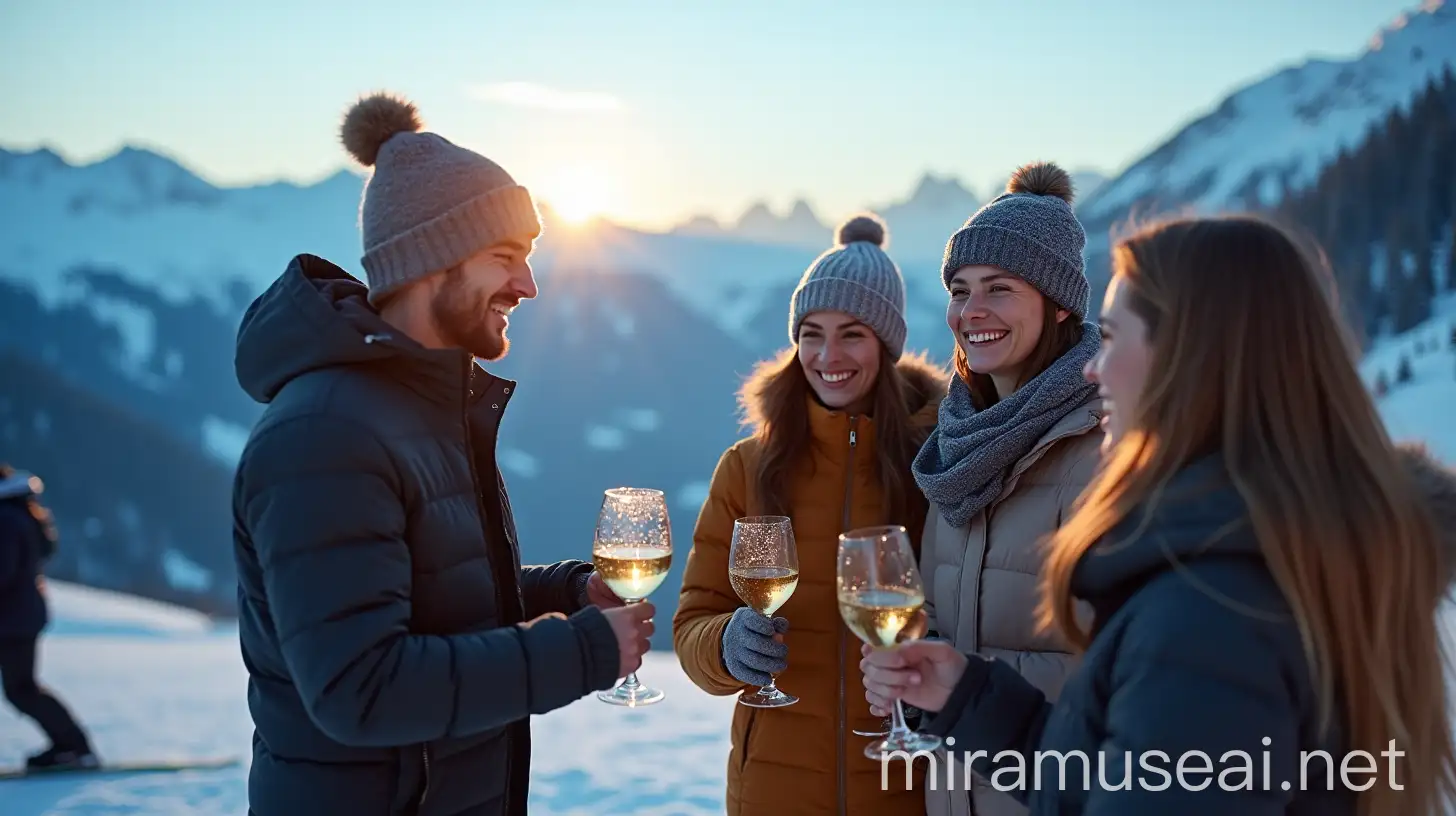 Joyful Young Adults Toasting with White Wine in a Snowy Mountain Setting