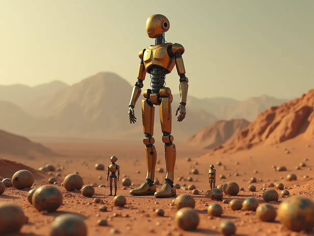 Create a high-resolution, realistic image of the artificial intelligence Robert, 40 meters tall, with small robots made of gold-plated metal, screws and many rusty glass spheres on the ground, Mars 4k resolution