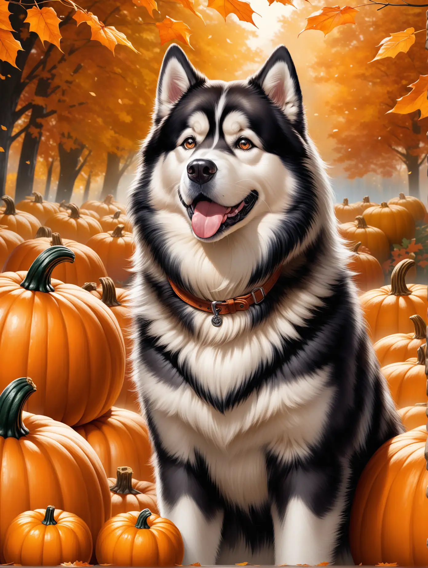 Smiling Alaskan Malamute with Dark Orange Eyes Next to Pumpkins