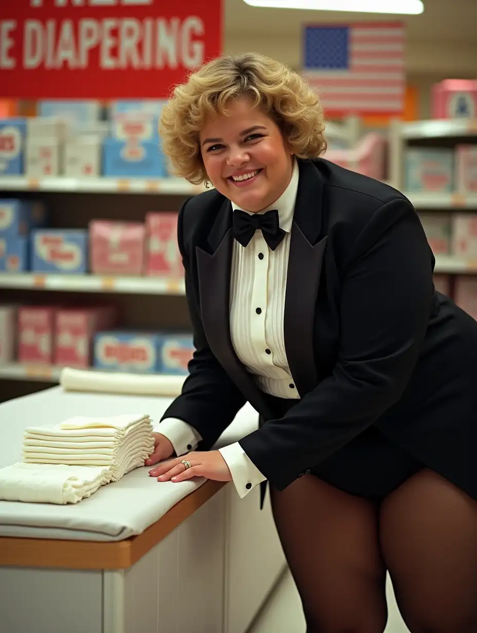 Caucasian-Woman-in-Formal-Tuxedo-Demonstrating-Diaper-Products-in-Supermarket