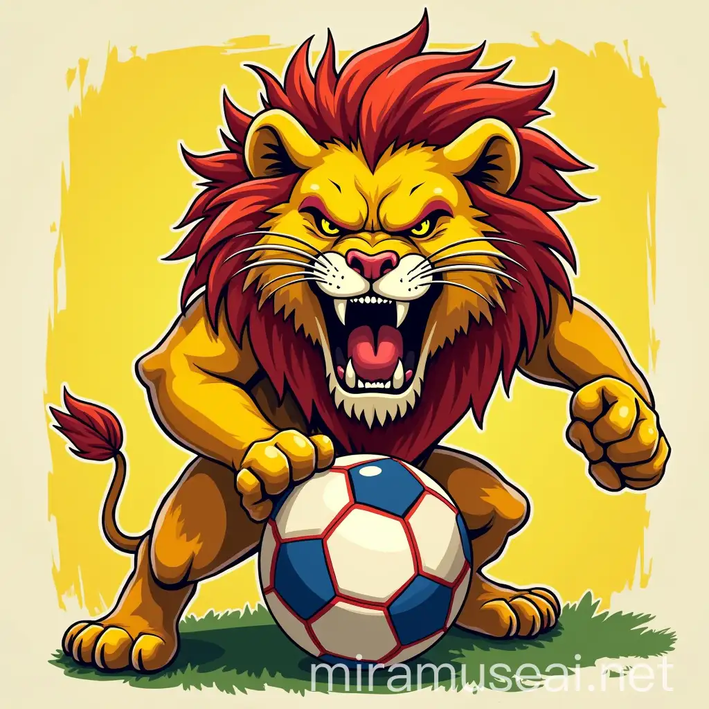 Angry Yellow Lion Roaring with Soccer Ball in Red and Blue Patches