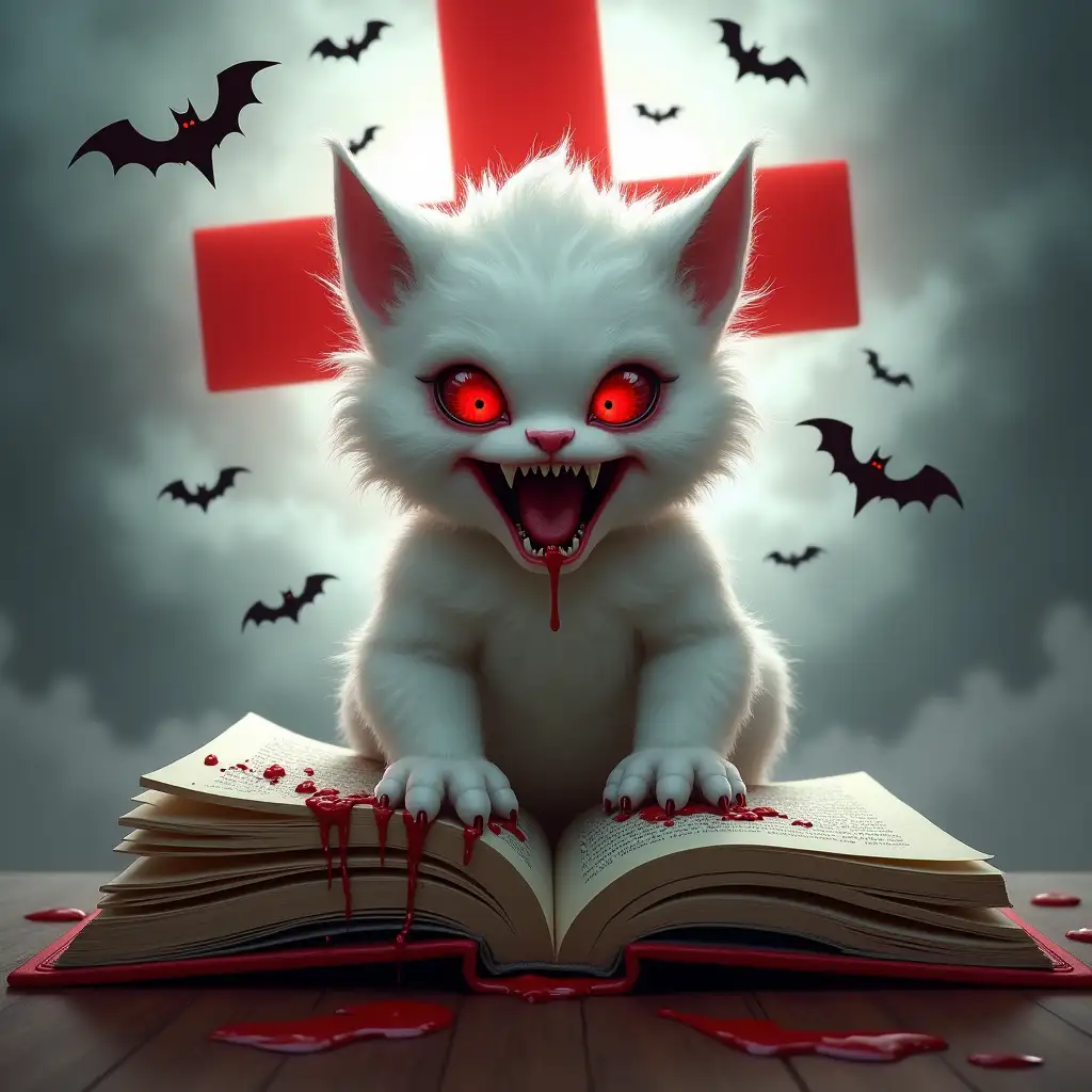 A menacing chucky with white fur, sharp red eyes, and a wide-open mouth revealing sharp teeth. This creature is perched atop an open book, with red blood dripping from the book's edges. Behind the creature, there's a large red cross, and several bats can be seen flying around. The background is a mix of gray and white, giving a cloudy or stormy ambiance.