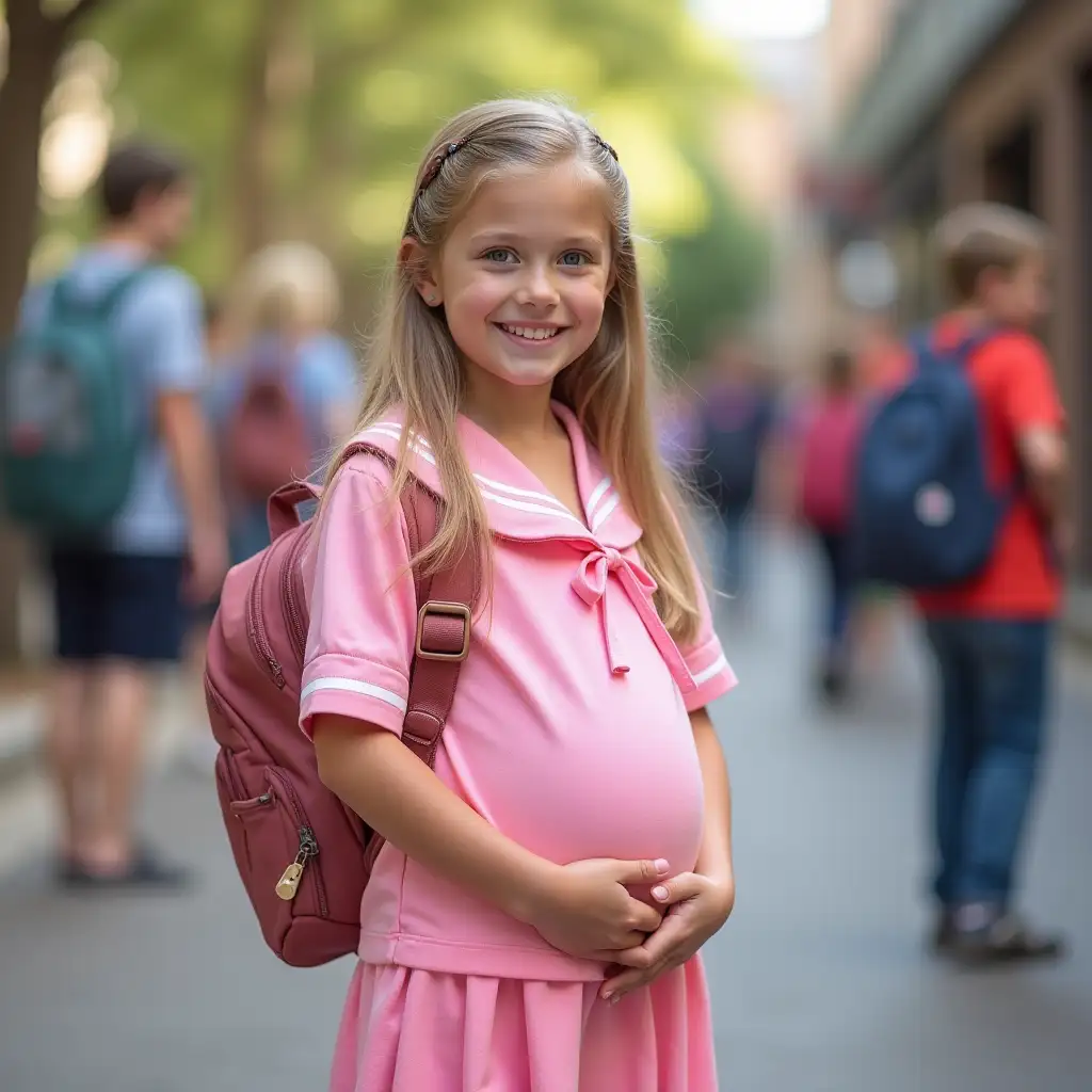 Smiling-Middle-School-Girl-in-Pink-Sailor-Suit-at-School-Pregnant