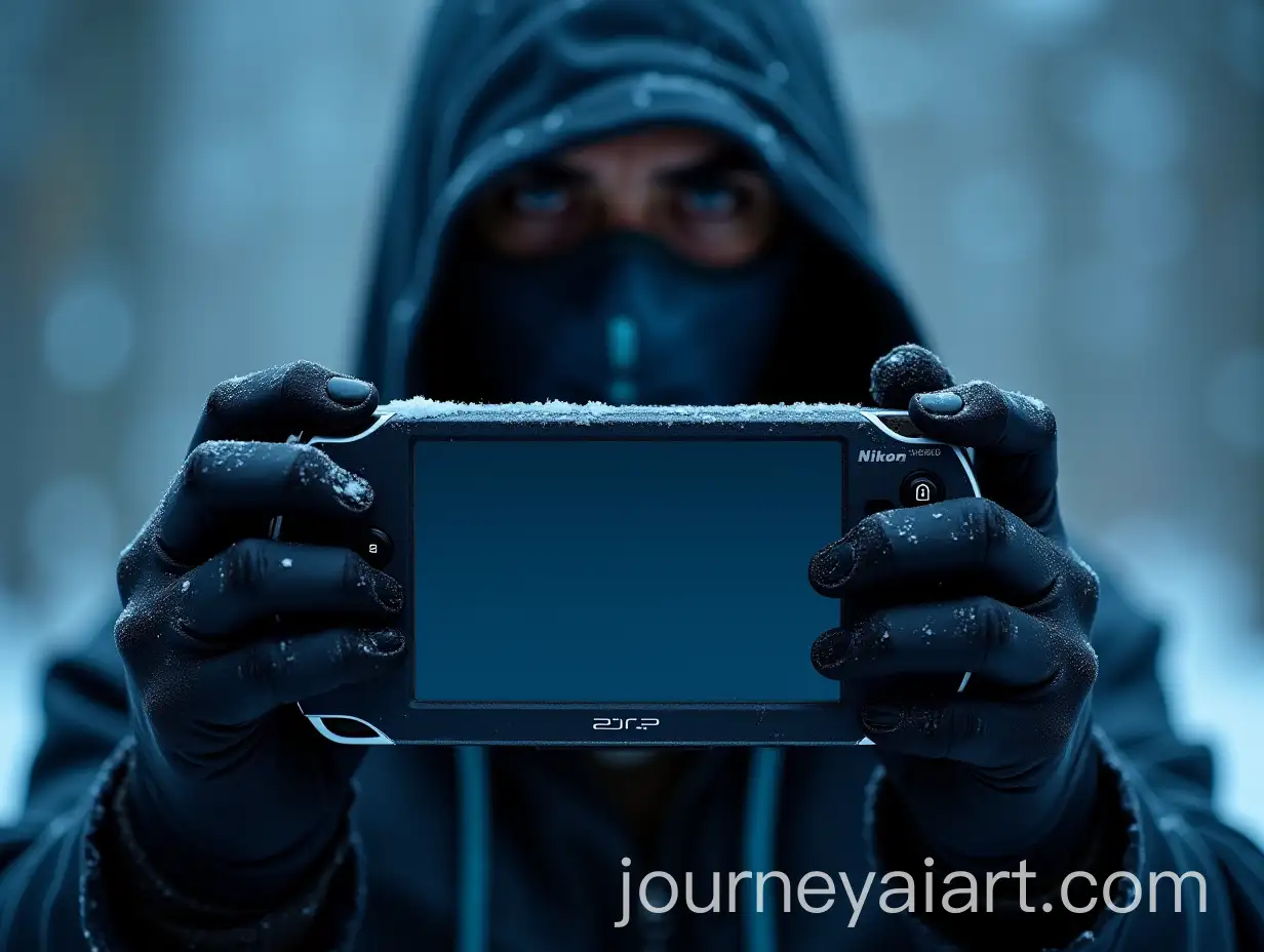Sub-Zero-Mortal-Kombat-Character-Holding-a-PSP-in-a-Snowy-Scene
