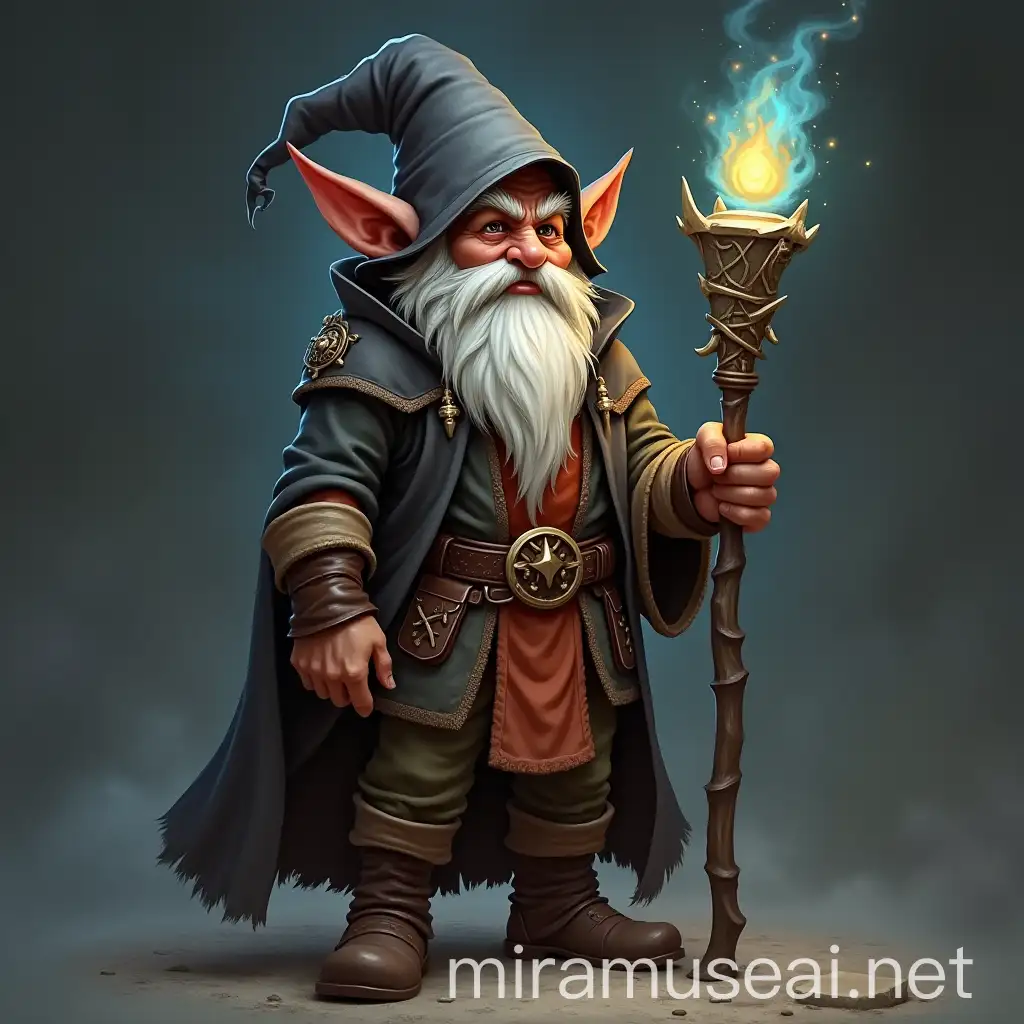 Gnome Warlock in Adventurer Clothes Wielding a Magic Staff