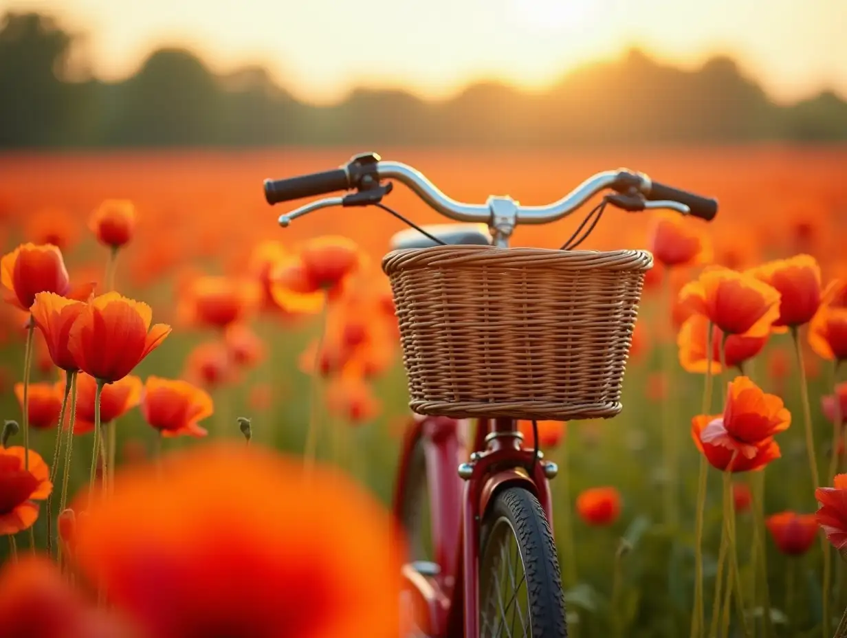 summer, poppy field, bicycle with a basket, full of poppy colors glitter glow HDR,4k Clear detail and realism of the image. Maximum Depth of Field. A high-contrast. The scene is extremely realistic.
