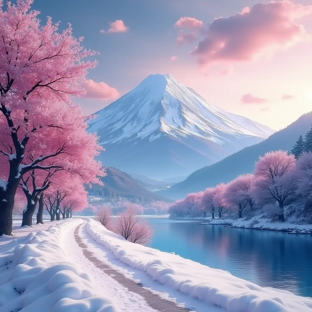 A wall image of a mountain with cherry blossom. Dynamic lighting, snow, realistic, stunning, breathtaking, decoration image