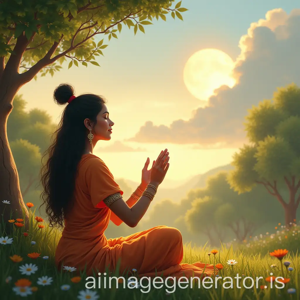 Devotee-Meditating-in-Garden-with-Lord-Krishnas-Blessing-from-the-Sky