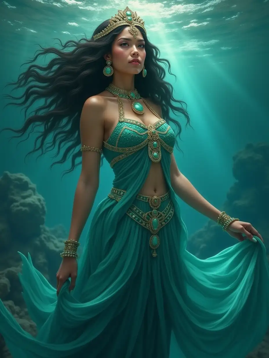 an extremely beautiful Goddess, Aztec goddess, Chalchiuhtlicue, water deity, flowing turquoise gown, intricate jade jewelry, ethereal beauty, soft smile, enchanted by the beauty of dreams, chubby, capturing the essence, mythical aura, goddess of rivers and seas, cultural richness, ancient mythology, digital painting, in the best quality, deep focus, art by Arny Freytag, concept art, matte finish, sharp focus, detailed illustration, aquatic atmosphere, underwater scene, reflective surfaces, divine presence, mythical symbolism, serene expression, cosmic lighting, mystical waters, atmospheric depth, fine art quality, movie poster, high quality, 4k, 8k, uhd