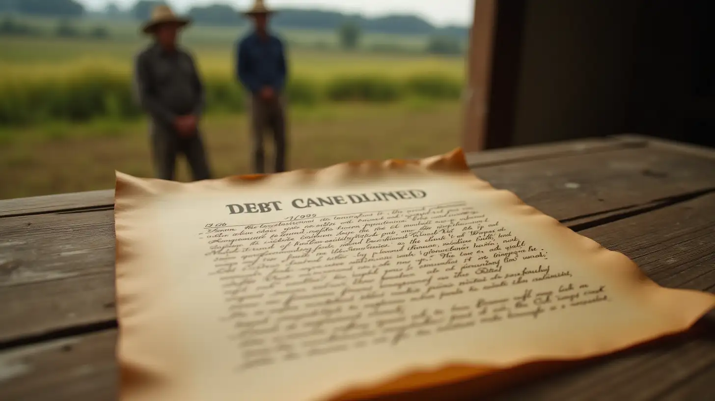 a legal document on an old table that is written on old parchment, filled with a lovely font  from top to bottom, and left to right. And clearly written are the words, 'DEBT CANCELLED' . And in the blurry distance 2 farm workers looking at the document.