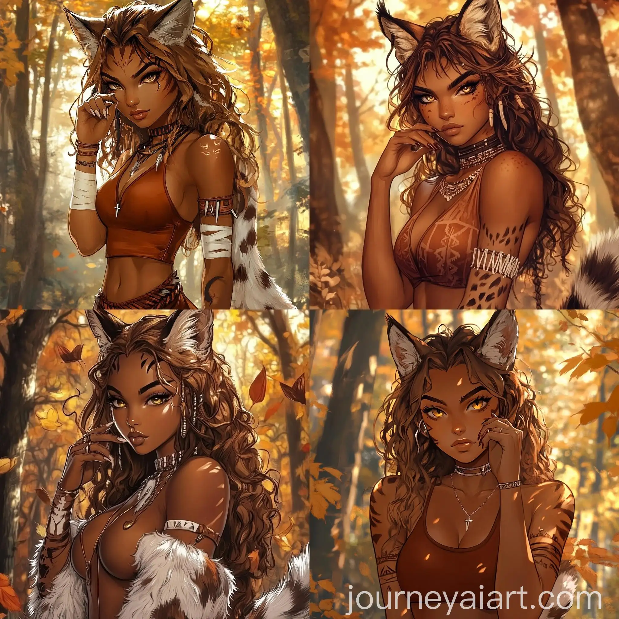 BrownSkinned-Lynx-Girl-in-Tribal-Attire-Amid-Autumn-Forest