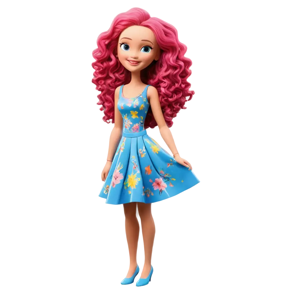 Charming-3D-Cartoon-Doll-PNG-with-Curly-Pink-Hair-and-Floral-Dress