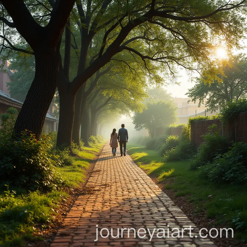 Couple-Walking-on-Brick-Path-Road-Near-Jhau-Tree-in-Village