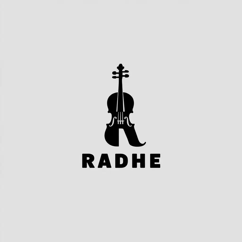 a vector logo design,with the text "Radhe", main symbol:letter "R" with violin behind it,Minimalistic,be used in music industry,clear background