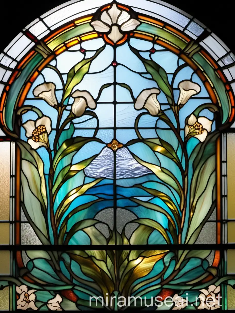 Art Nouveau Tiffany Technique Stained Glass Windows with PlantFloral Motif