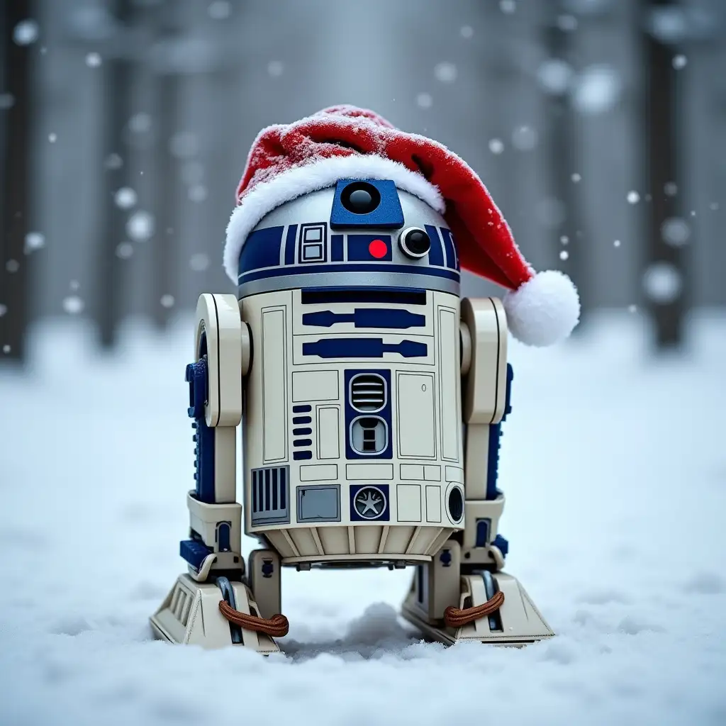 R2d2 from Star Wars wearing a Santa hat in the snow