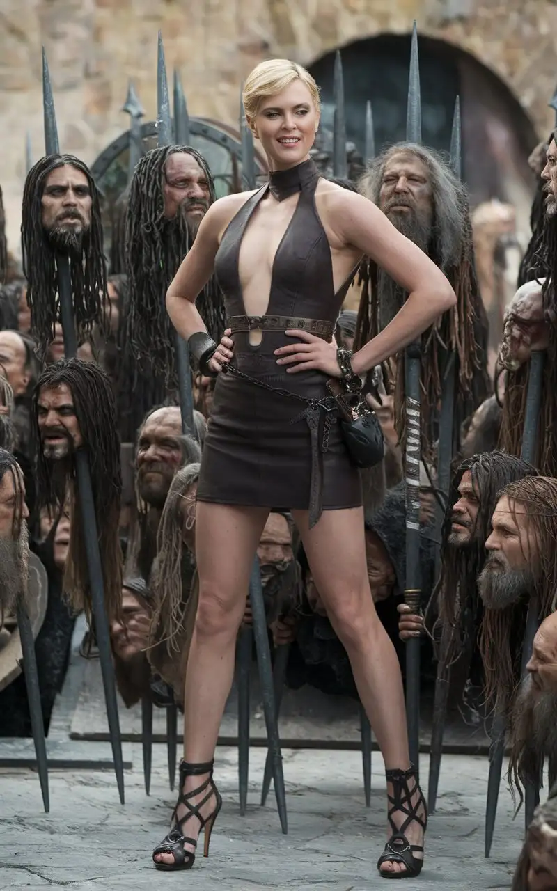 A Charlize Theron as version of Vlad the Impaler standing Hands on hips. Deep Neckline, sandals with high heels, miniskirt, evil angry smile. There are many enemy heads on spikes around. cinematic, photo , 4k