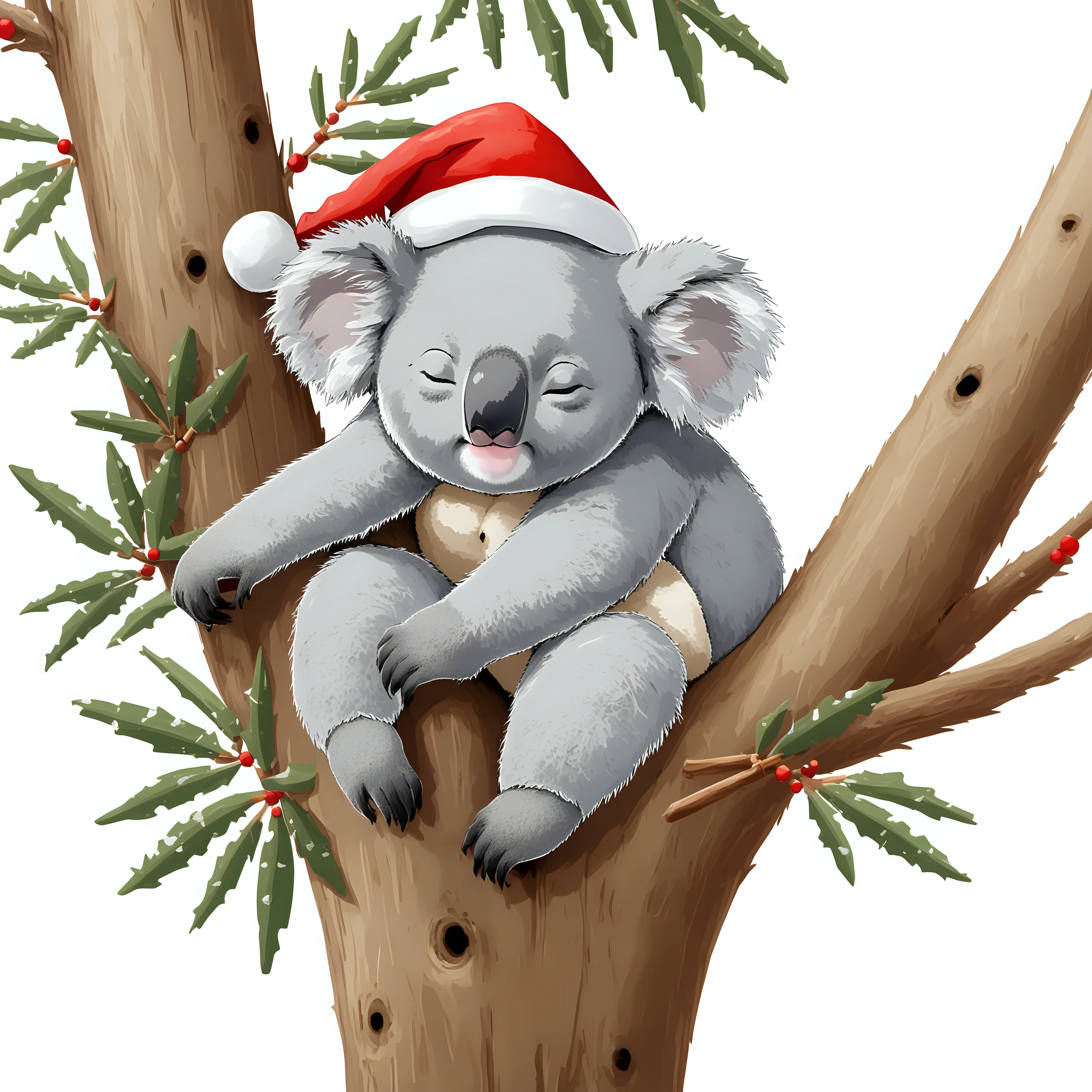 Adorable Koala Sleeping in a Gumtree with a Santa Hat