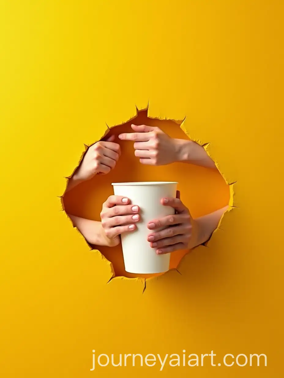 Realistic-Human-Hands-Emerging-from-Yellow-Wall-Holding-Paper-Cup