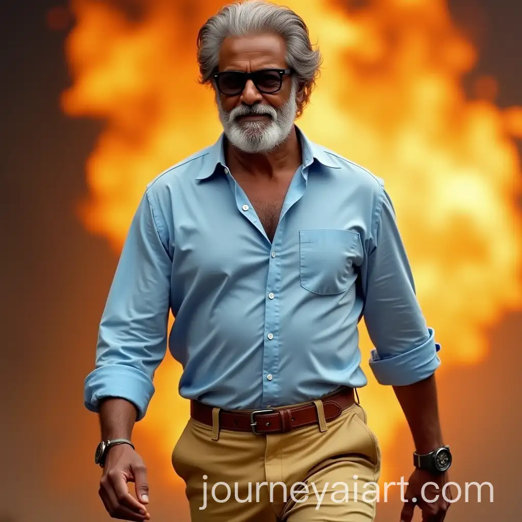 Indian-Actor-Rajnikanth-in-Sky-Blue-Shirt-and-Golden-Pants-with-Fire-Background