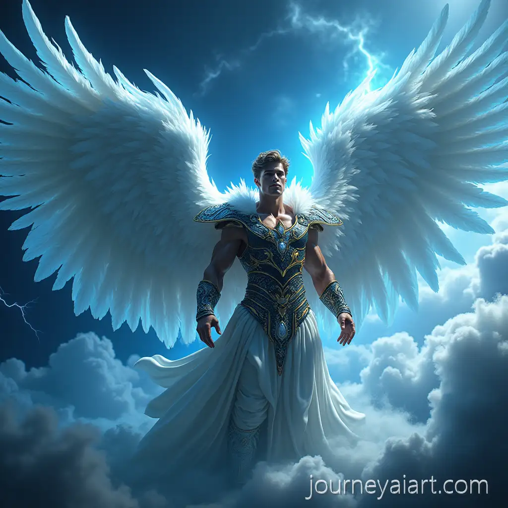 Muscular-Male-Angel-in-SnowWhite-Garments-with-Shimmering-Blue-WingsMuscular-Angel-in-Armor-Against-a-Stormy-Earth-Backdrop