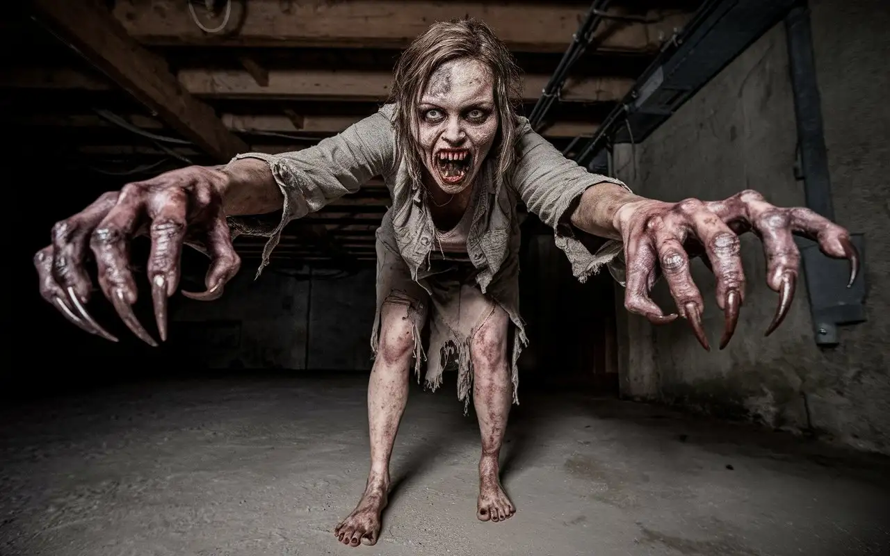 Scary-Female-Zombie-in-Dark-Basement-Reaching-for-Prey