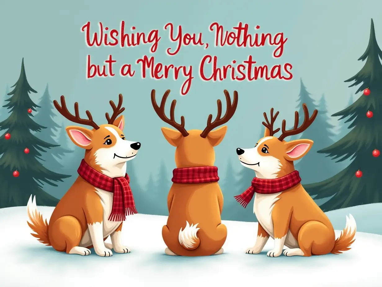 Vector. Featuring The text 'Wishting You Nothing But a Merry Christmas' above it. Three dogs Corgi wearing reindeer antlers and scarves, Only the nice butt and tail are visible, standing in a snowy winter landscape. Christmas landscape a Christmas tree is in the background. impressionistic style