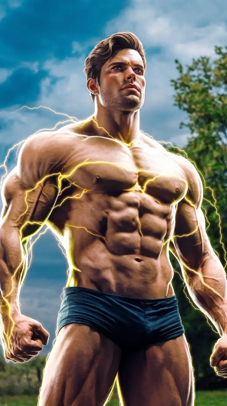 Supercharged brawn. Herculean powers. Golden electric glow. 32 years old. Contemplating destiny. Photorealistic.