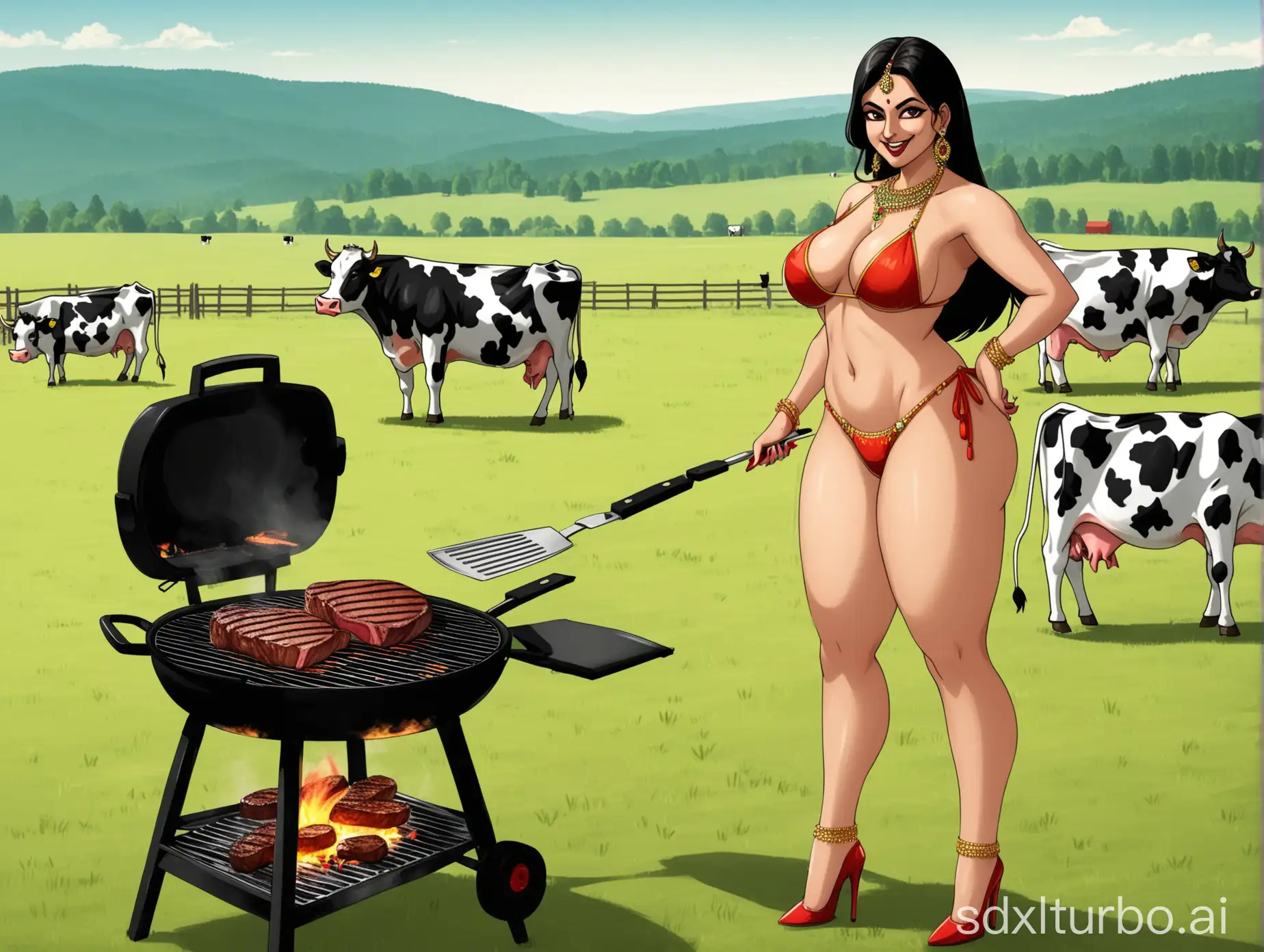 Glamorous-Indian-Woman-Cooking-Steak-on-Farm-with-Grazing-Cows