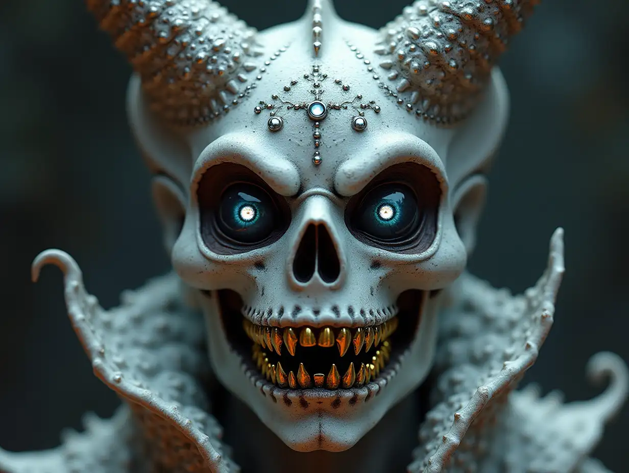 Cyber Totenkopf with eyes, Porcelain with silver ornaments, golden teeth Mythological 100 mm resolution