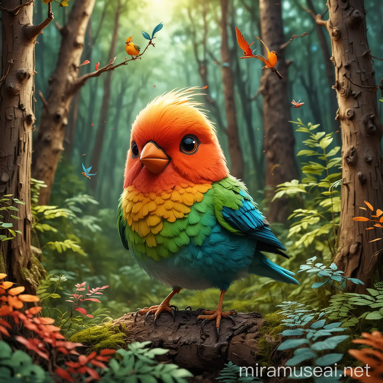 Cute Cartoonish Hummingbird in a Vibrant Forest Setting