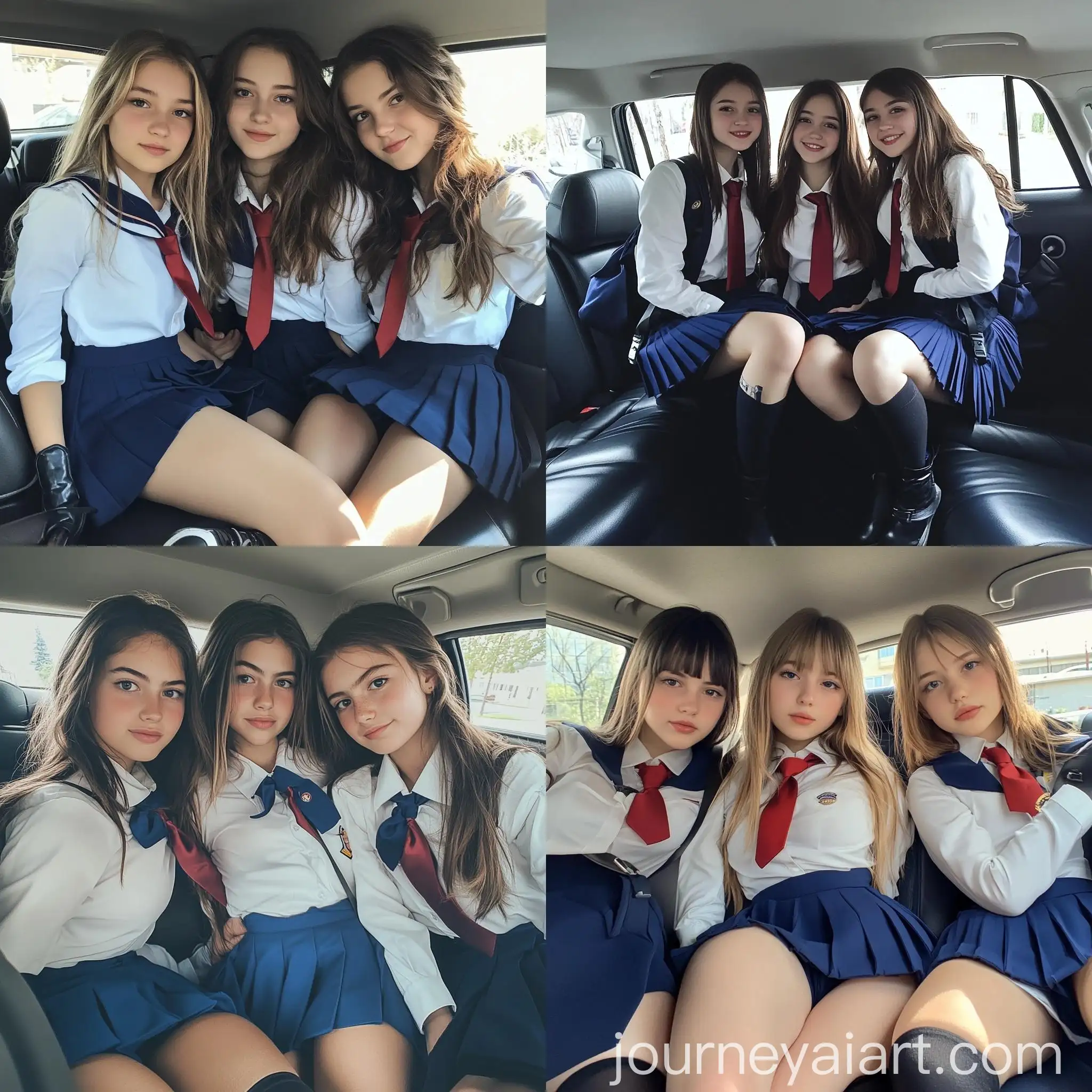 Three-Girls-in-Car-School-Uniform-and-Stylish-Accessories
