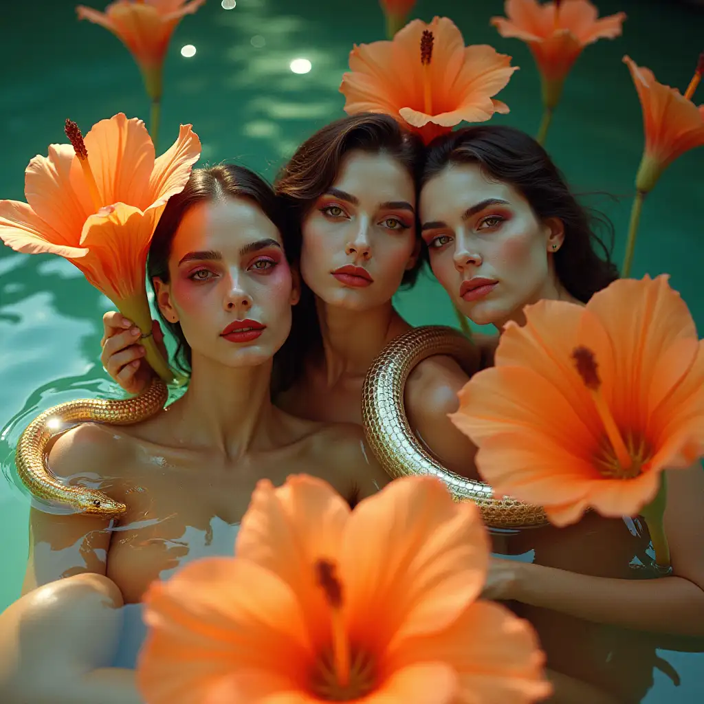 Surrealist-Image-of-Three-Women-in-Radiant-Water-with-Psychedelic-Effects