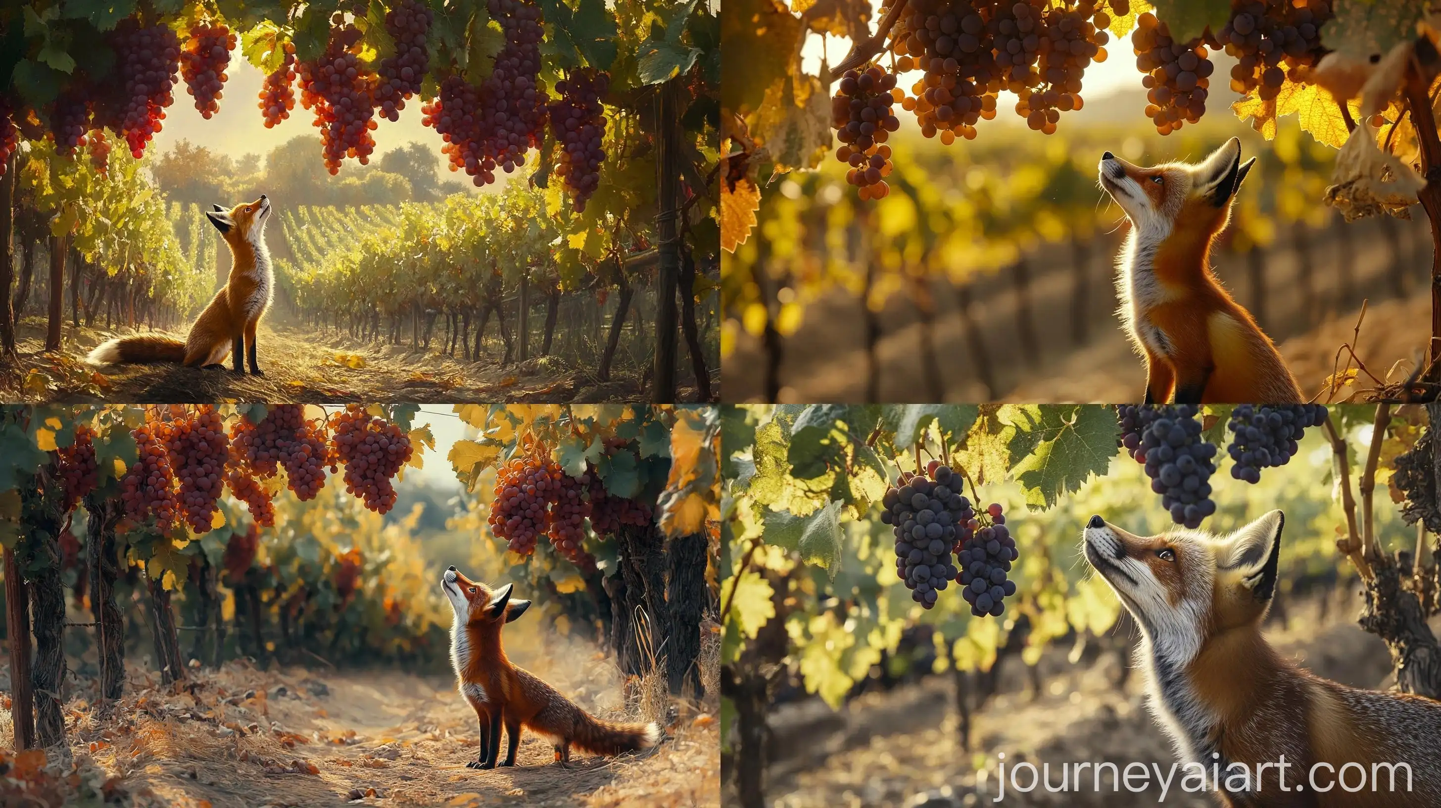 Fox-Looking-Up-at-Ripe-Grapes-in-Vineyard