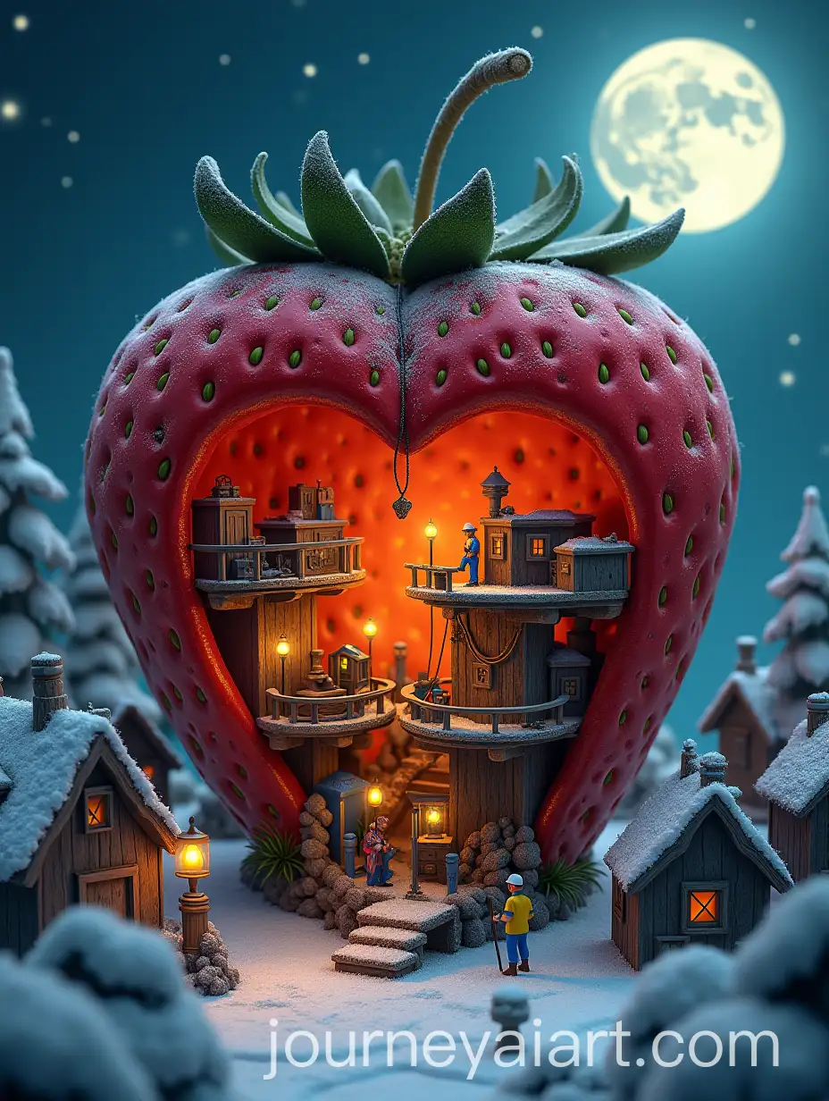 Miniature-Steampunk-Village-Inside-a-Frosted-Red-Strawberry-Under-Moonlight