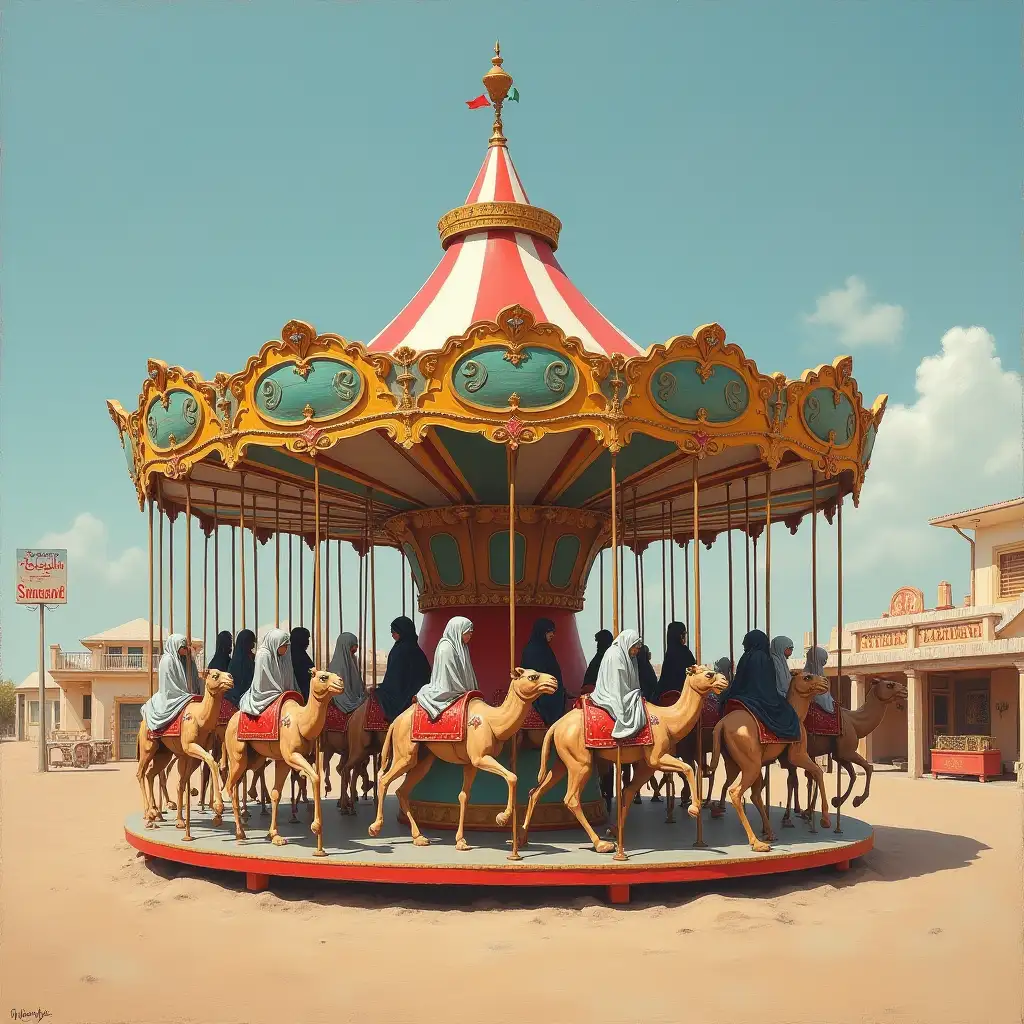 Dystopian-Desert-Carousel-with-Bedouin-Tent-and-American-Flag-Niqab-Riders