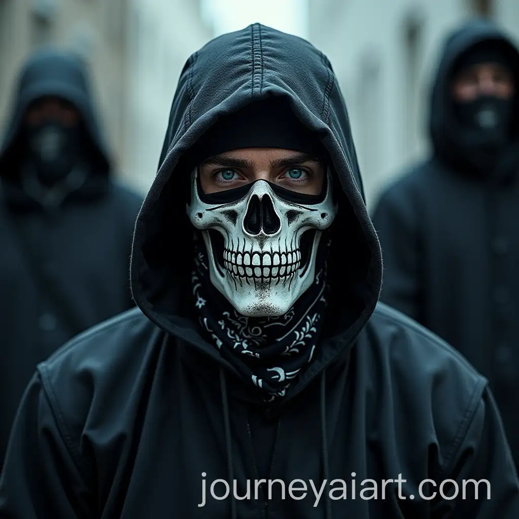 Man-in-Skull-Bandana-Mask-Surrounded-by-Witches-with-Angel-Wings-and-Hoodie