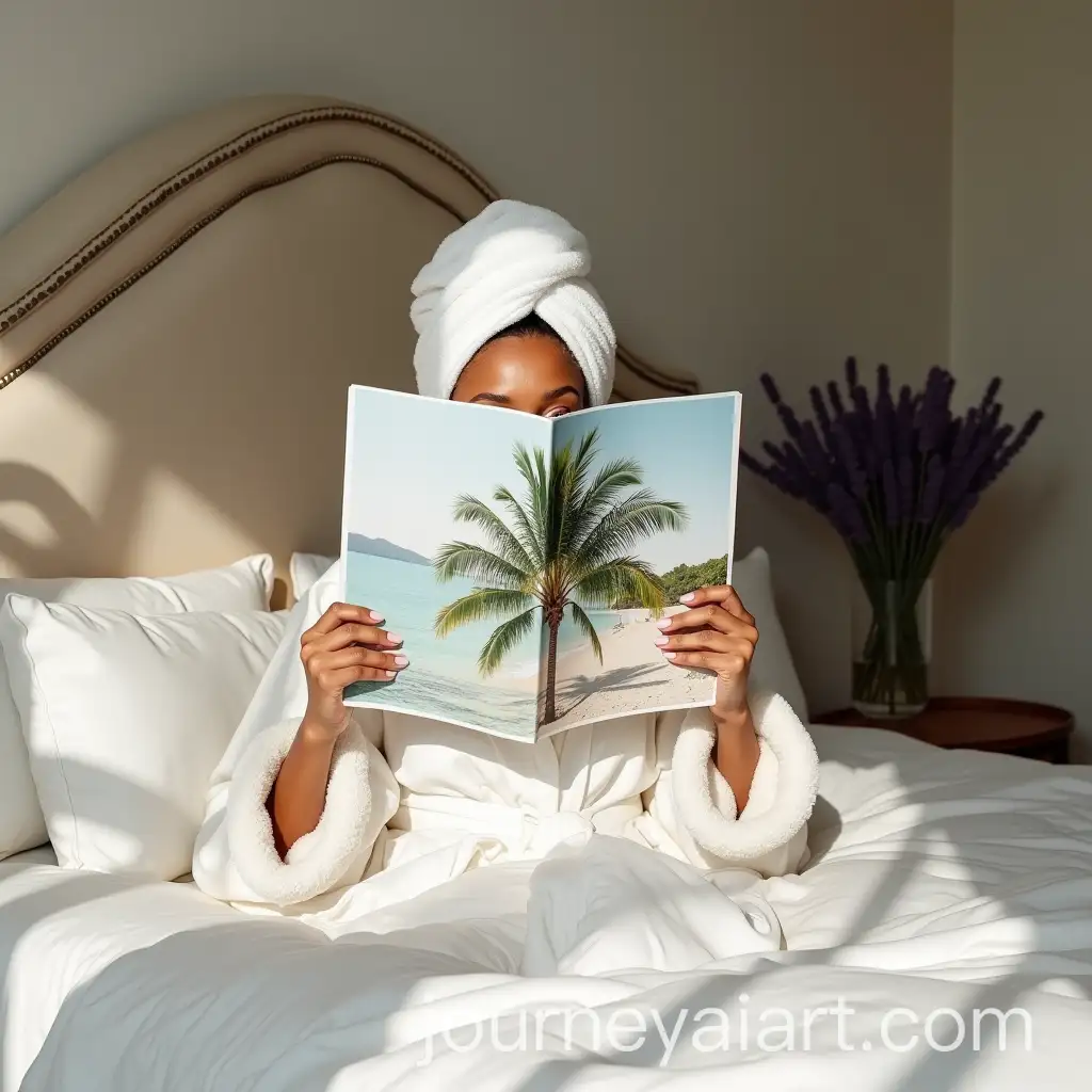 Woman-Relaxing-in-Luxurious-Bedroom-with-Lavender-and-Tropical-Magazine