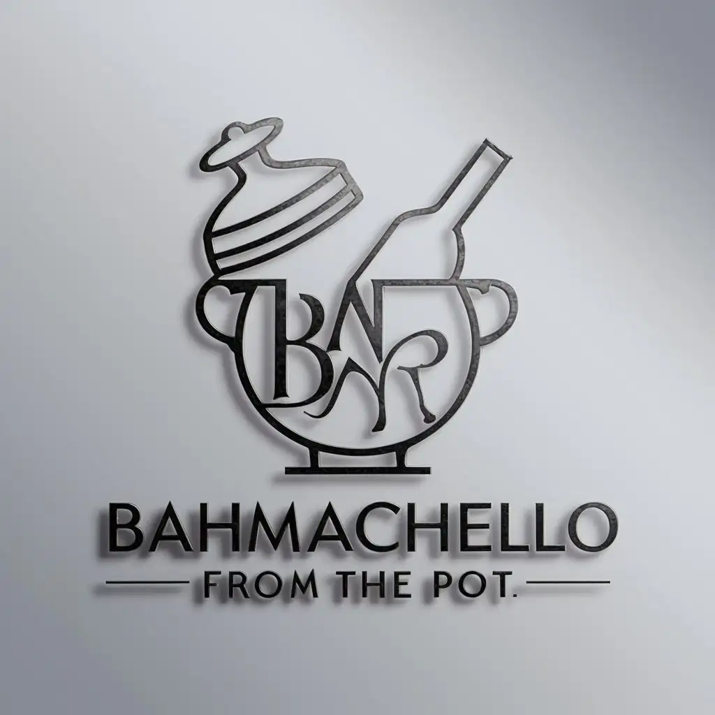 a logo design,with the text "Bahmachello from the pot", main symbol:Wine in a pot,complex,be used in Events industry,clear background