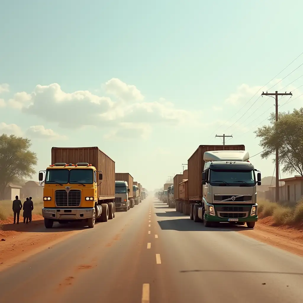 A realistic image of trucks passing through a checkpoint at a border crossing between two countries in Africa.