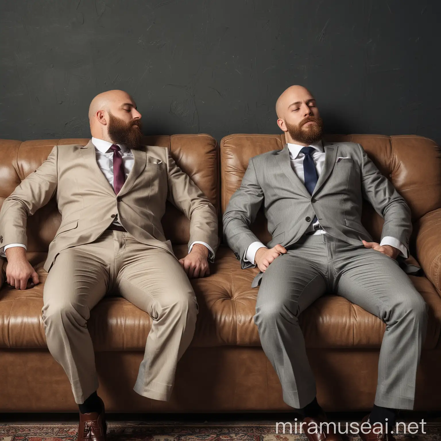 Two Bald Bearded Businessmen Sleeping on Sofa