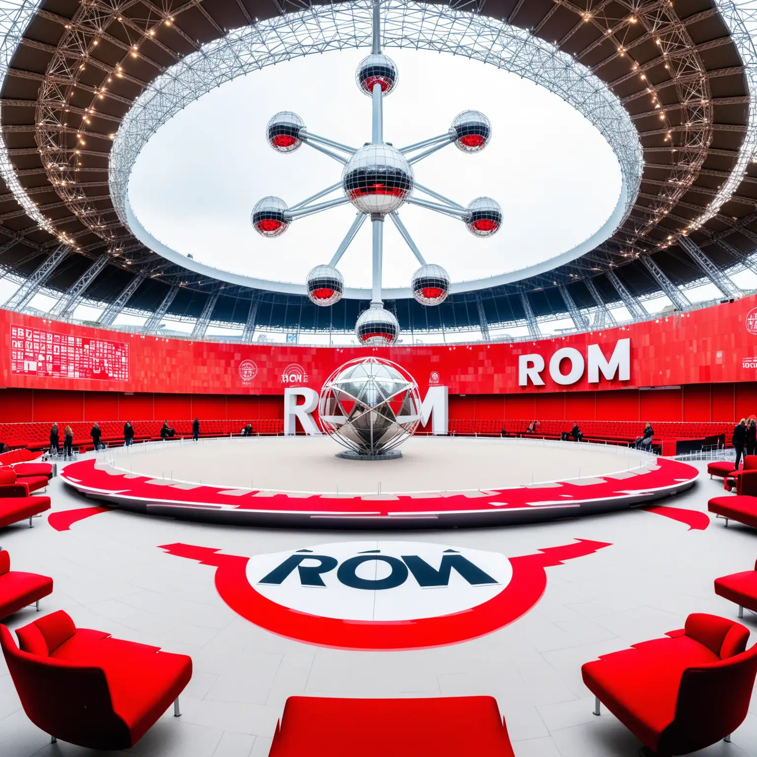 Hall, exhibition with red sofas, outside the old trade fair grounds is the silver Atomium in Brussels, large logo with the inscription ROM in the middle of the picture, the logo must be legible