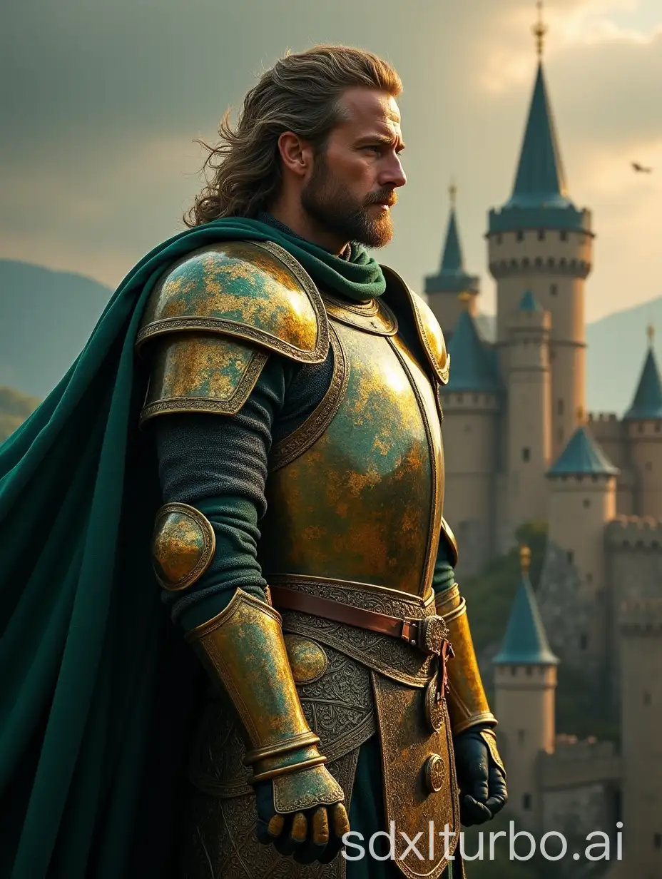 The king most brave and strong, armor Golden and jade color, over castle, epic kindom background