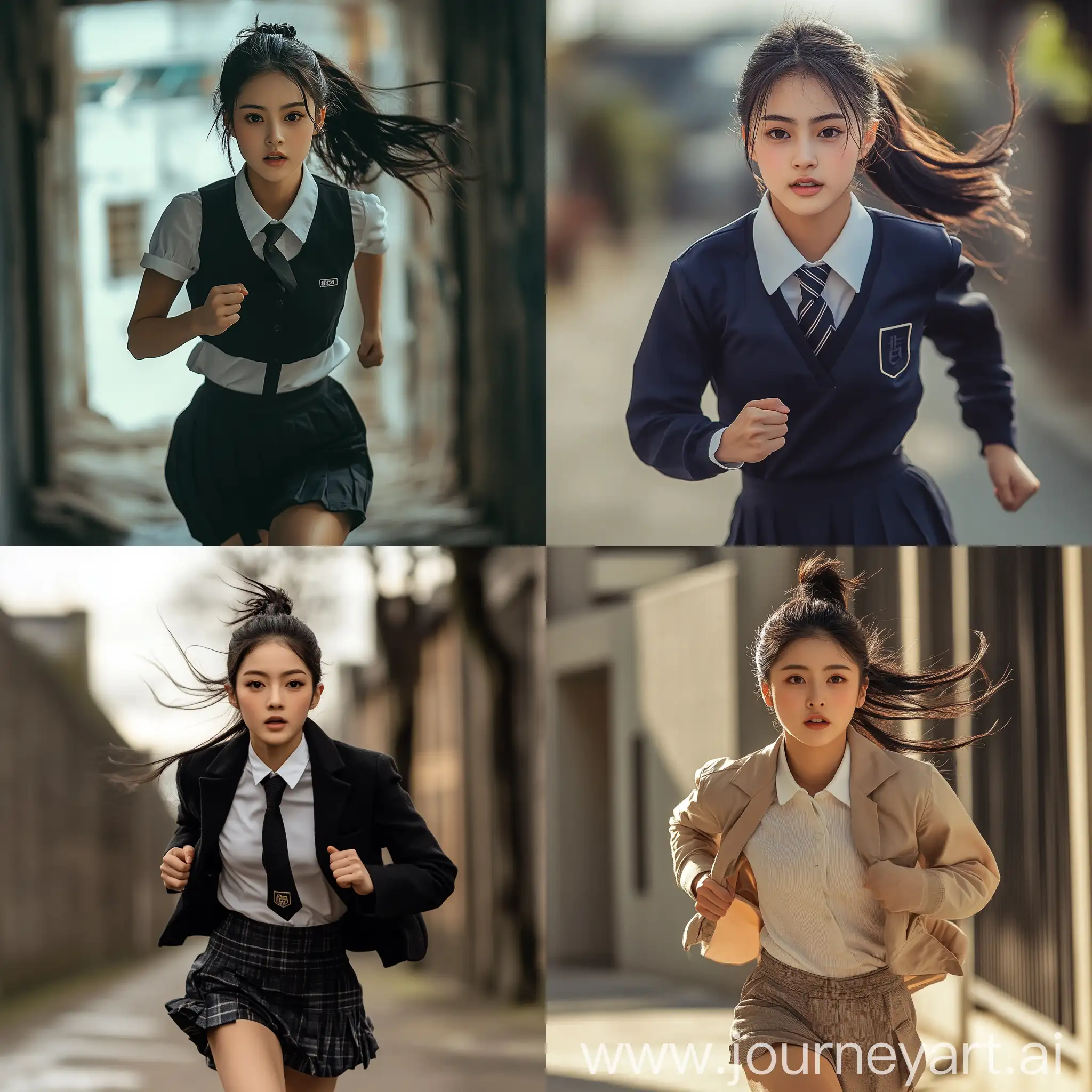 Determined-Asian-Woman-in-Mature-Schoolgirl-Outfit-Running