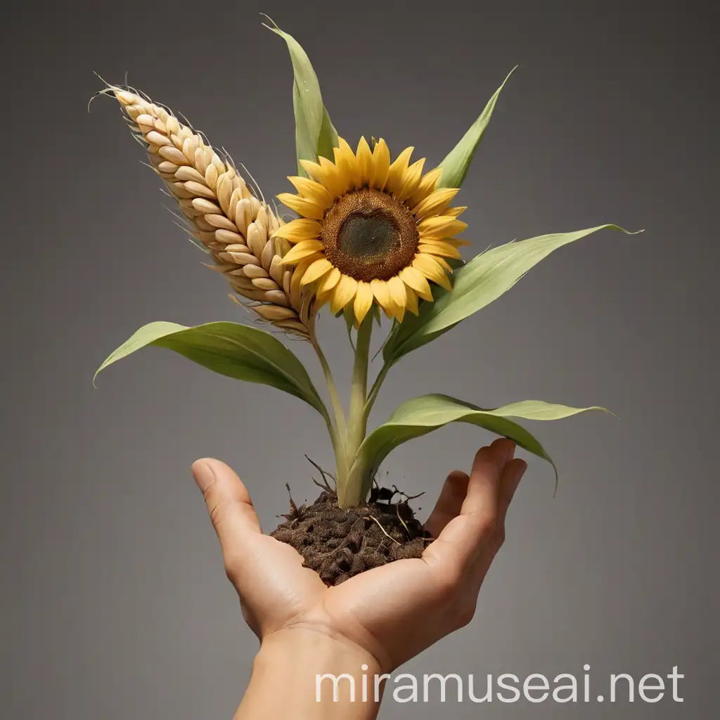 Forearm and Hand Holding Earth with Wheat Corn and Sunflower